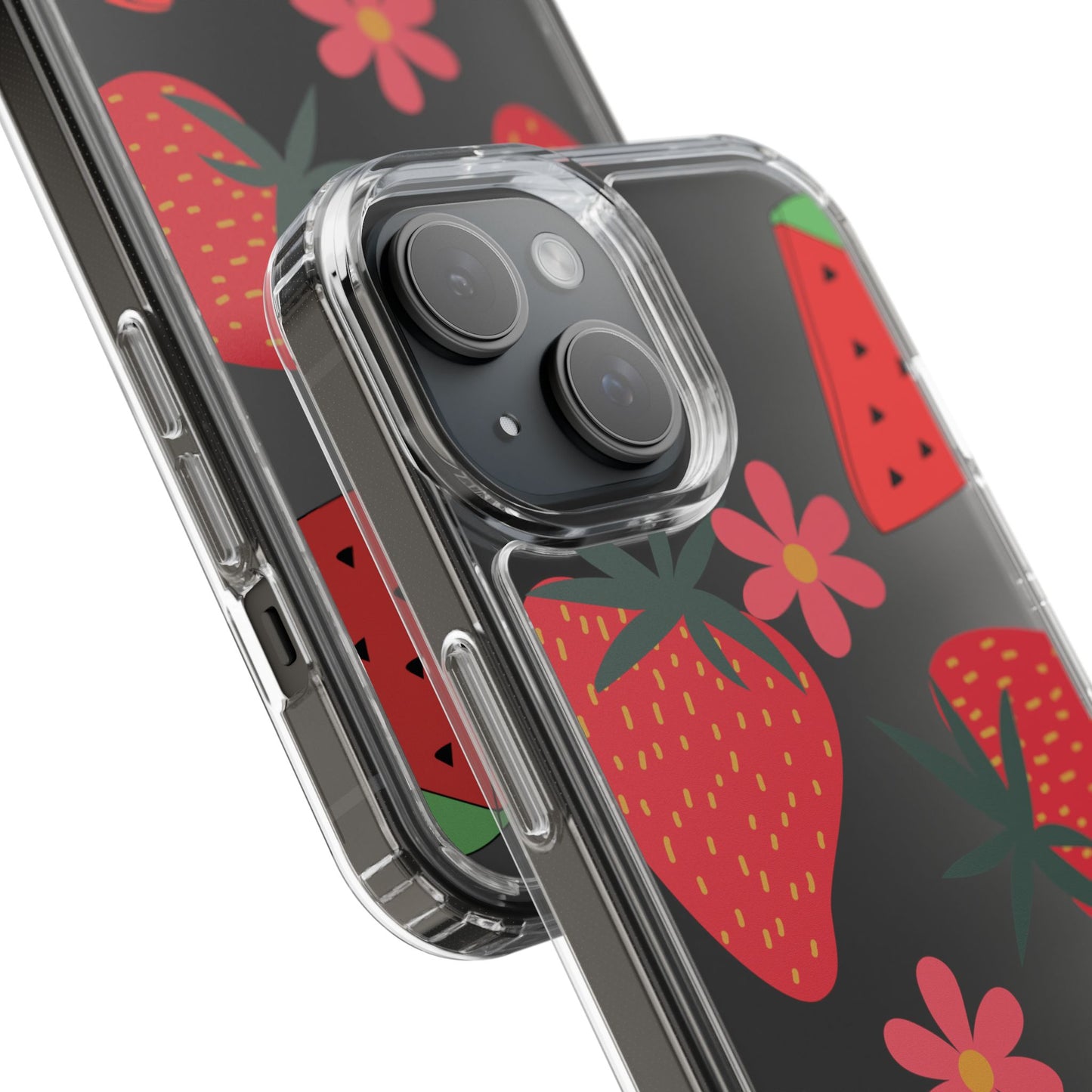 Fruity Clear Phone Case, Vibrant Strawberry and Flower Design, Cute Phone Cover, Trendy Accessories, Summer Vibe Gift