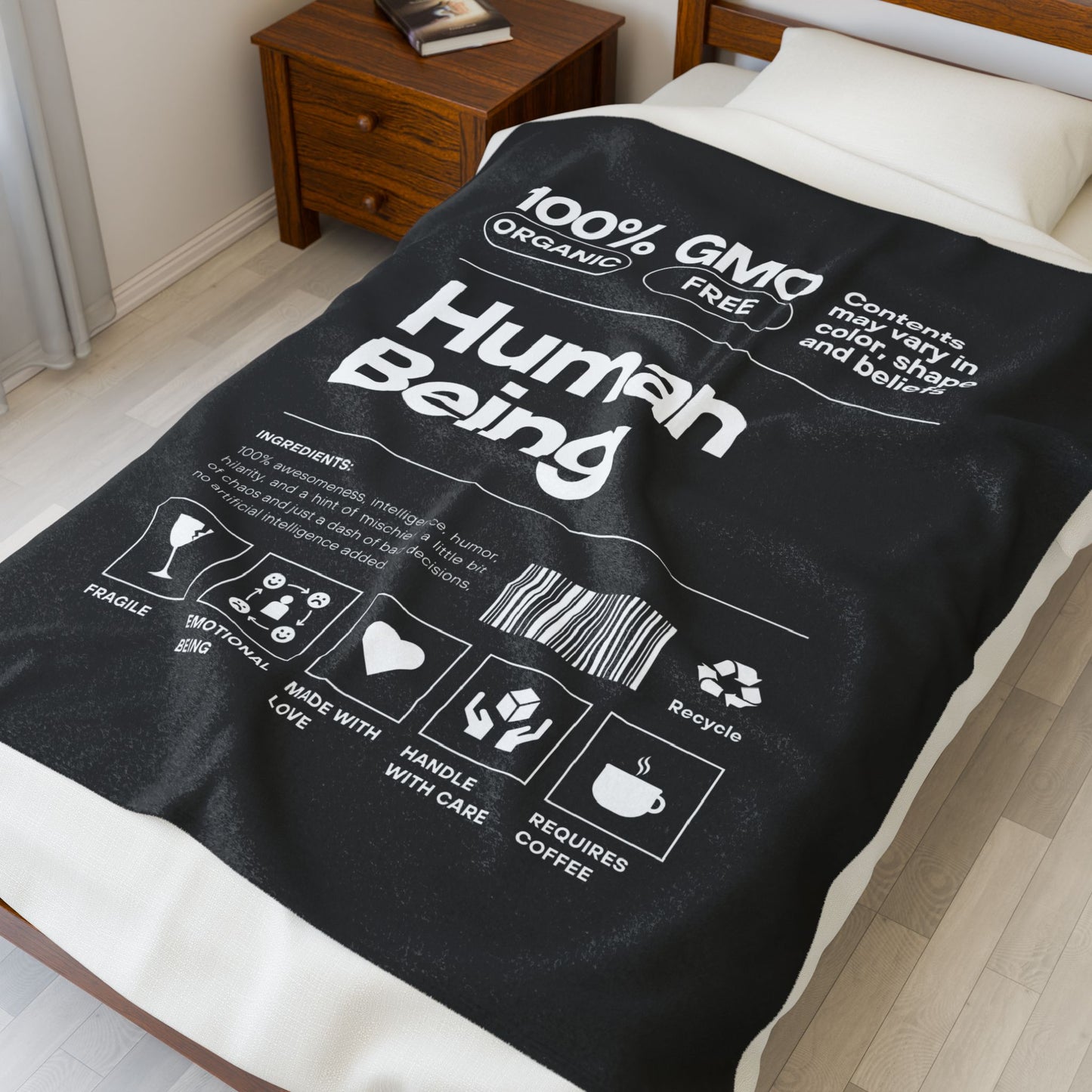 Cozy Organic Velveteen Blanket - Human Being Design, Gift for Her, Home Decor, Eco-Friendly, Self-Care, Birthday Present