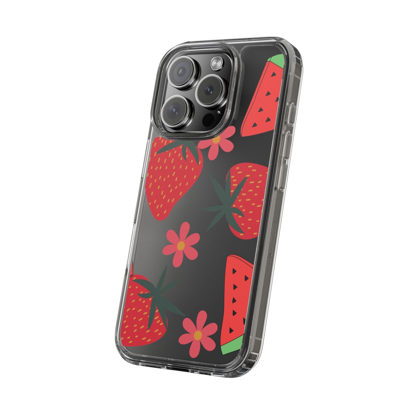 Fruity Clear Phone Case, Vibrant Strawberry and Flower Design, Cute Phone Cover, Trendy Accessories, Summer Vibe Gift