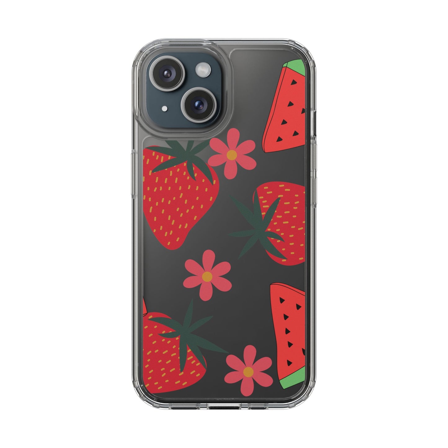 Fruity Clear Phone Case, Vibrant Strawberry and Flower Design, Cute Phone Cover, Trendy Accessories, Summer Vibe Gift