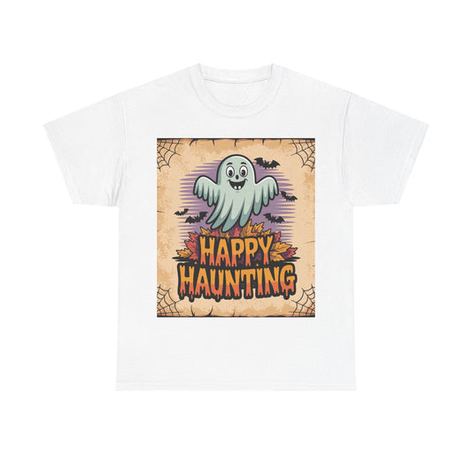 Halloween Ghost Tee, Happy Haunting Cotton Shirt, Unisex Spooky T-Shirt, Fall Festive Apparel, Ghostly Fun Clothing