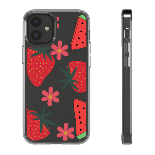 Fruity Clear Phone Case, Vibrant Strawberry and Flower Design, Cute Phone Cover, Trendy Accessories, Summer Vibe Gift