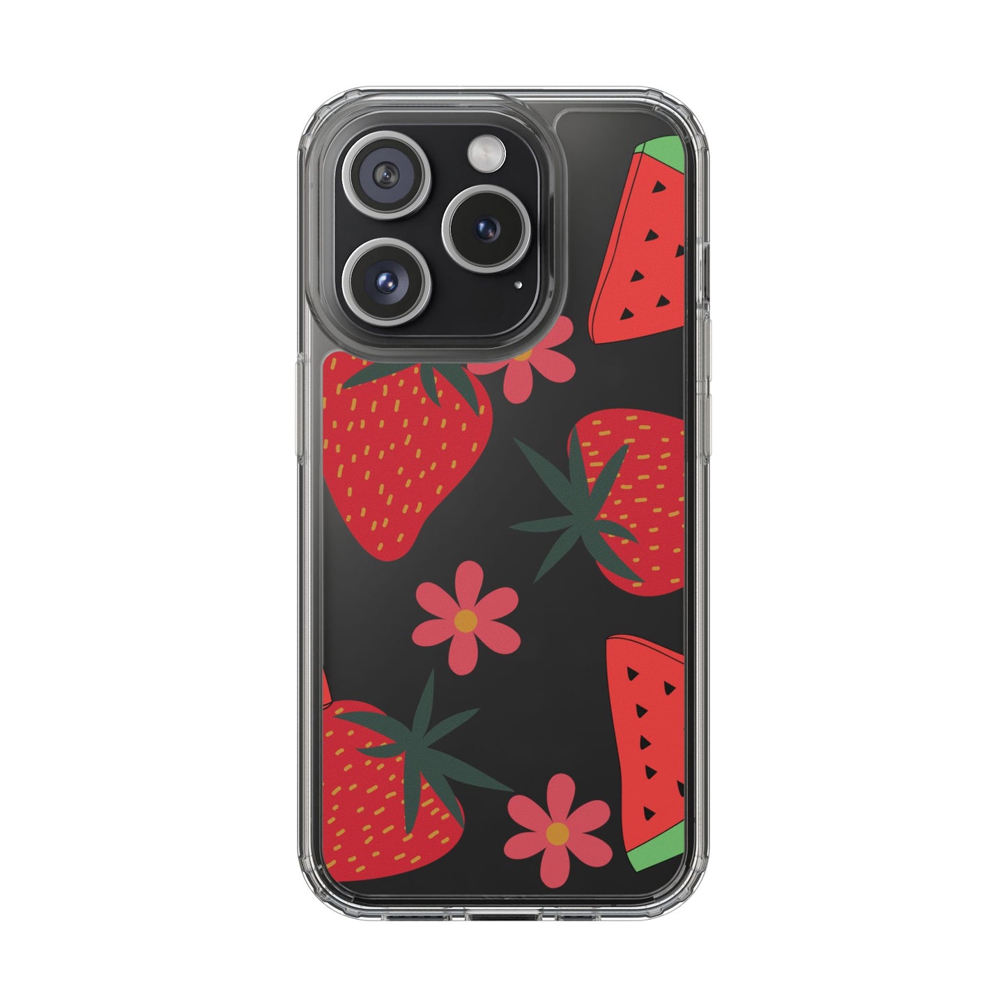 Fruity Clear Phone Case, Vibrant Strawberry and Flower Design, Cute Phone Cover, Trendy Accessories, Summer Vibe Gift