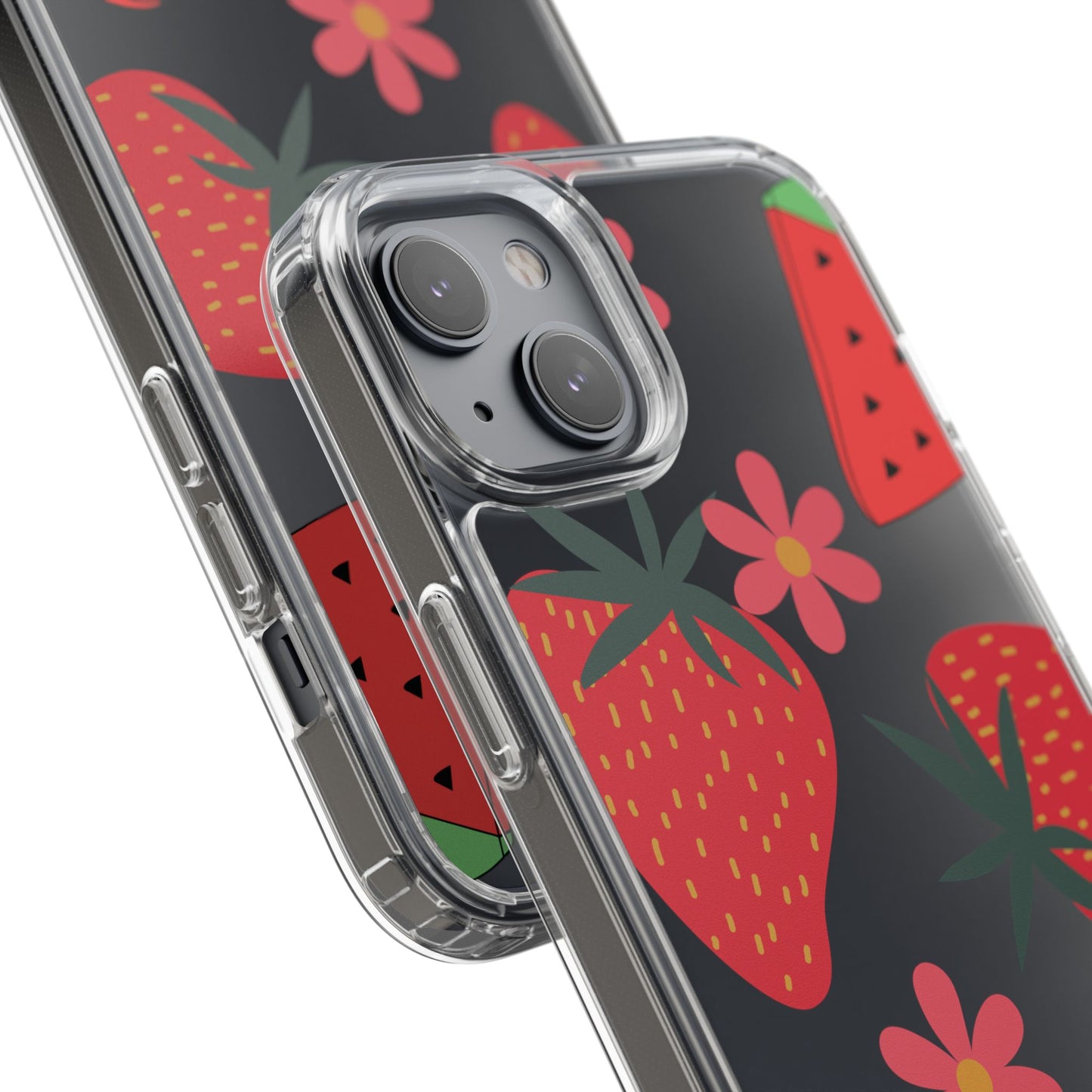 Fruity Clear Phone Case, Vibrant Strawberry and Flower Design, Cute Phone Cover, Trendy Accessories, Summer Vibe Gift