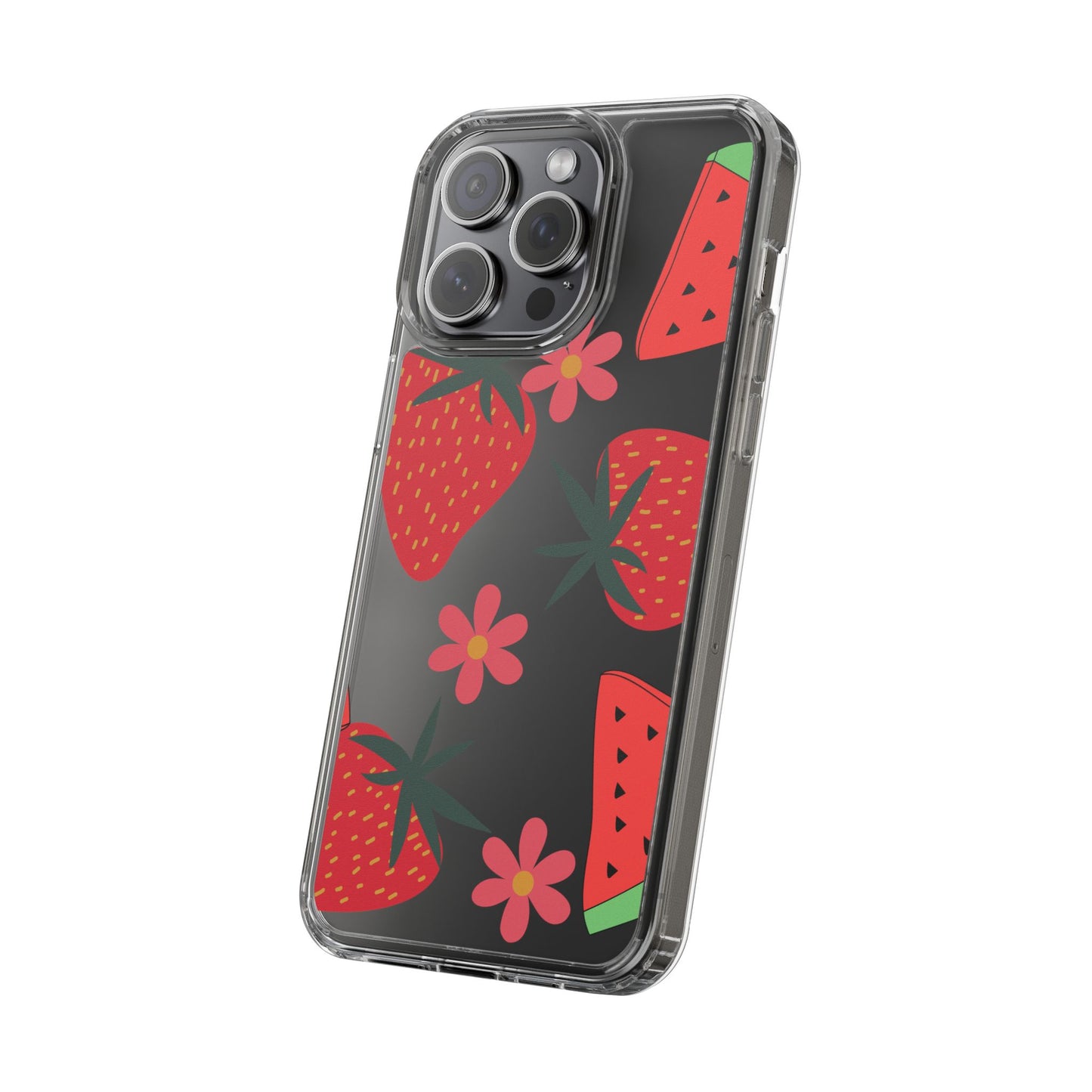 Fruity Clear Phone Case, Vibrant Strawberry and Flower Design, Cute Phone Cover, Trendy Accessories, Summer Vibe Gift