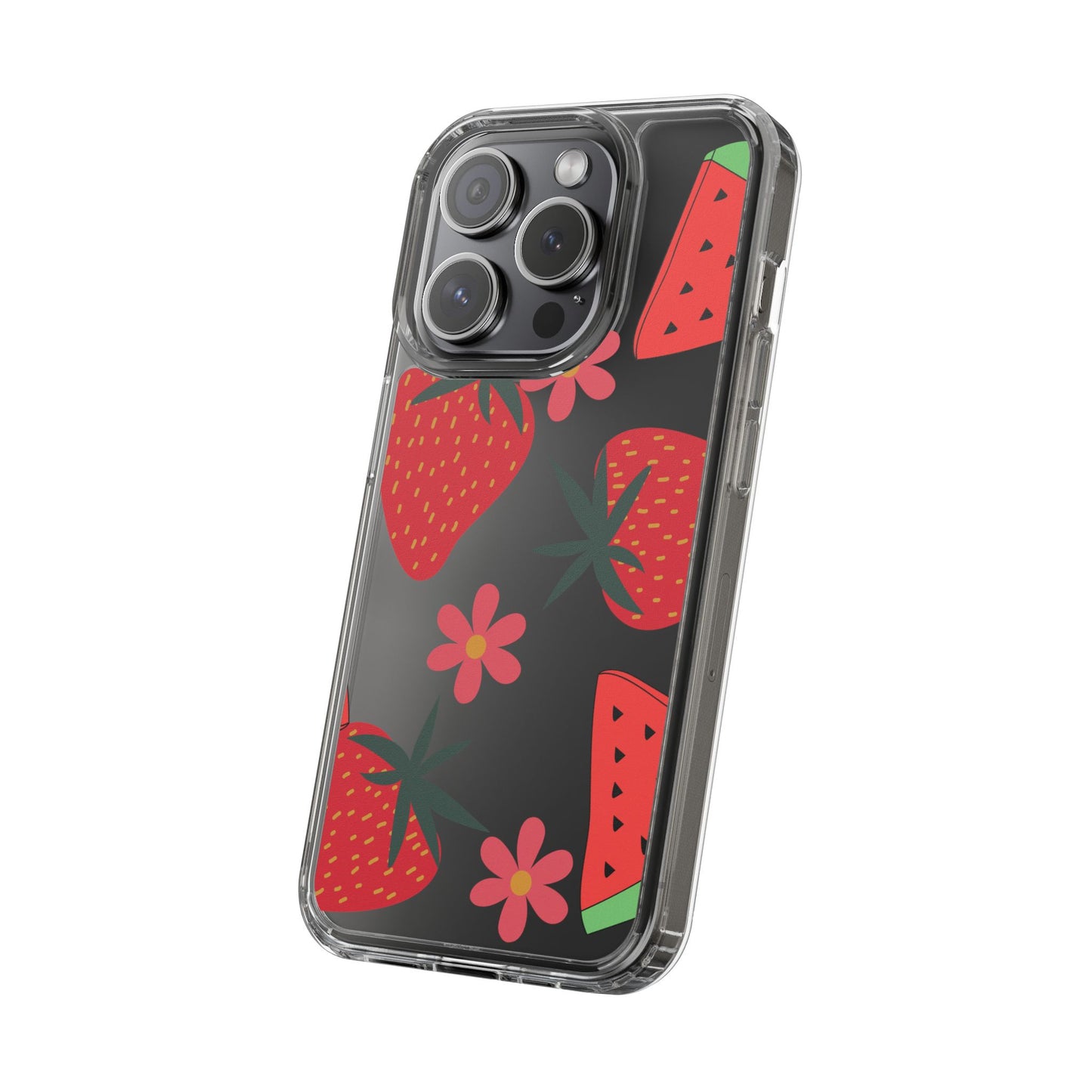 Fruity Clear Phone Case, Vibrant Strawberry and Flower Design, Cute Phone Cover, Trendy Accessories, Summer Vibe Gift