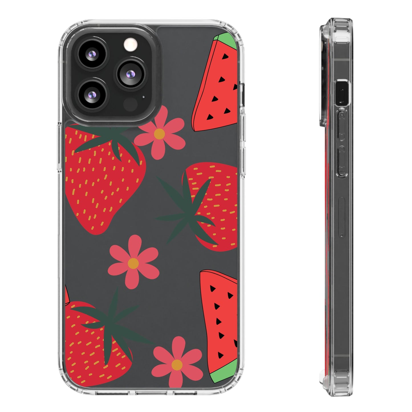 Fruity Clear Phone Case, Vibrant Strawberry and Flower Design, Cute Phone Cover, Trendy Accessories, Summer Vibe Gift