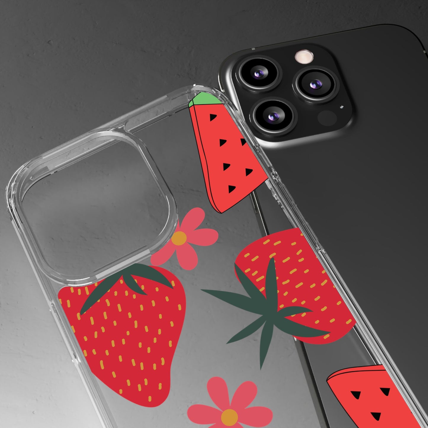 Fruity Clear Phone Case, Vibrant Strawberry and Flower Design, Cute Phone Cover, Trendy Accessories, Summer Vibe Gift