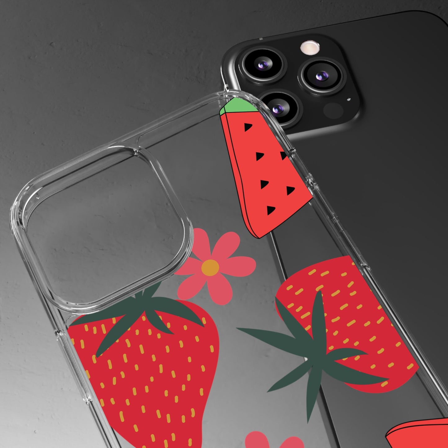 Fruity Clear Phone Case, Vibrant Strawberry and Flower Design, Cute Phone Cover, Trendy Accessories, Summer Vibe Gift