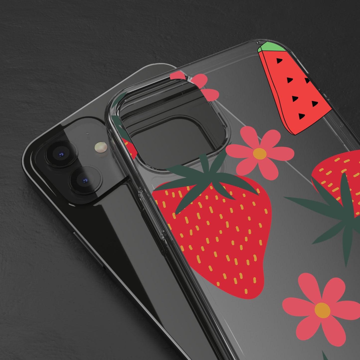 Fruity Clear Phone Case, Vibrant Strawberry and Flower Design, Cute Phone Cover, Trendy Accessories, Summer Vibe Gift