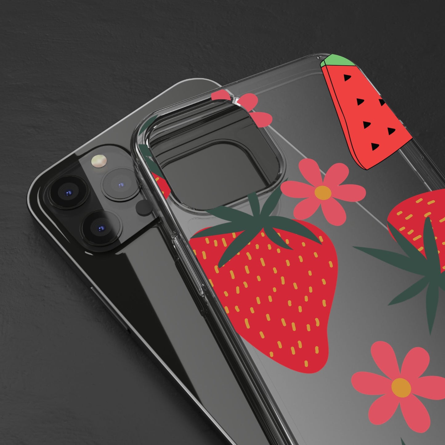 Fruity Clear Phone Case, Vibrant Strawberry and Flower Design, Cute Phone Cover, Trendy Accessories, Summer Vibe Gift