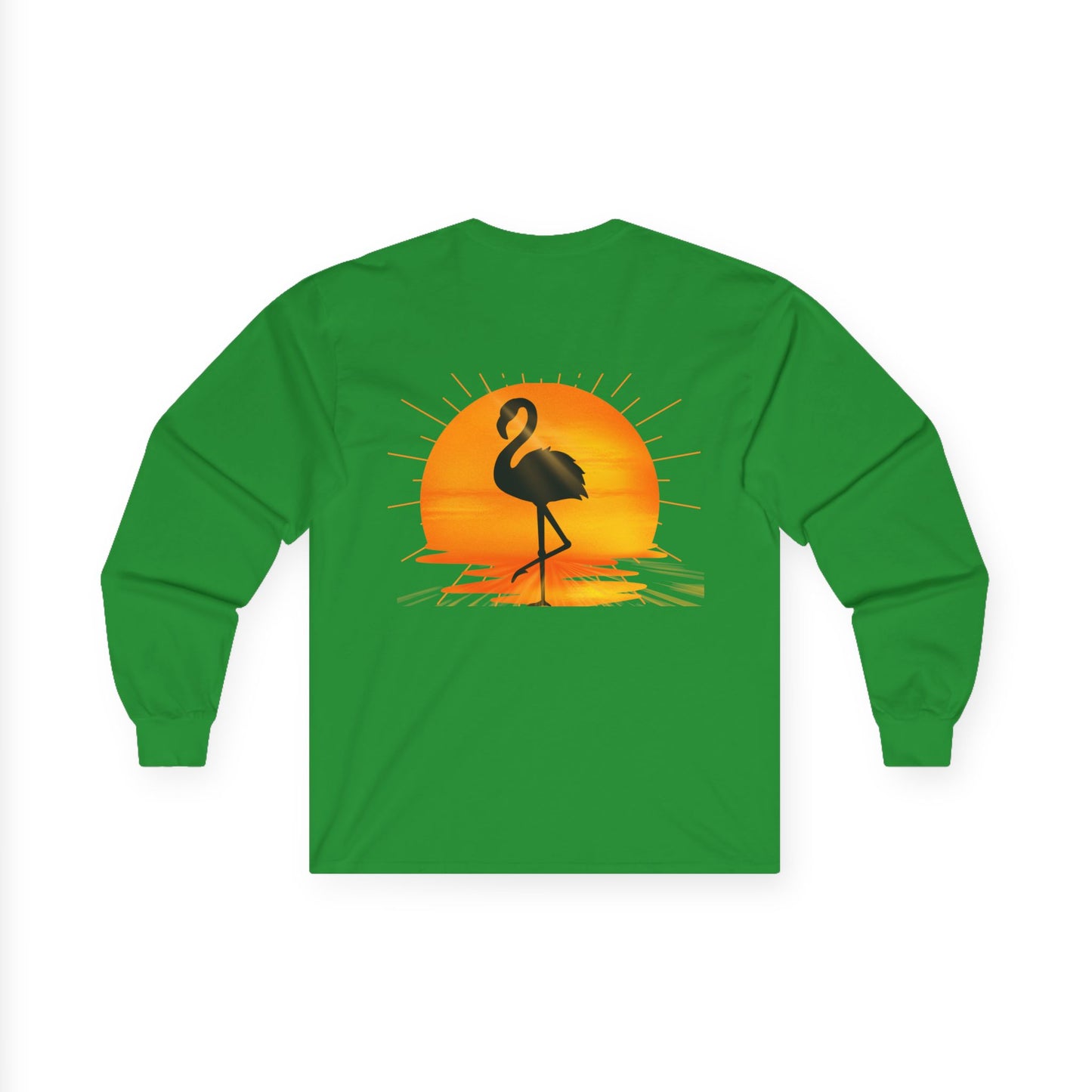 Sunrise Flamingo Long Sleeve Tee, Vacation Shirt, Casual Outfit, Summer Apparel, Gift for Beach Lovers, Graphic Tee, Relaxed Fit