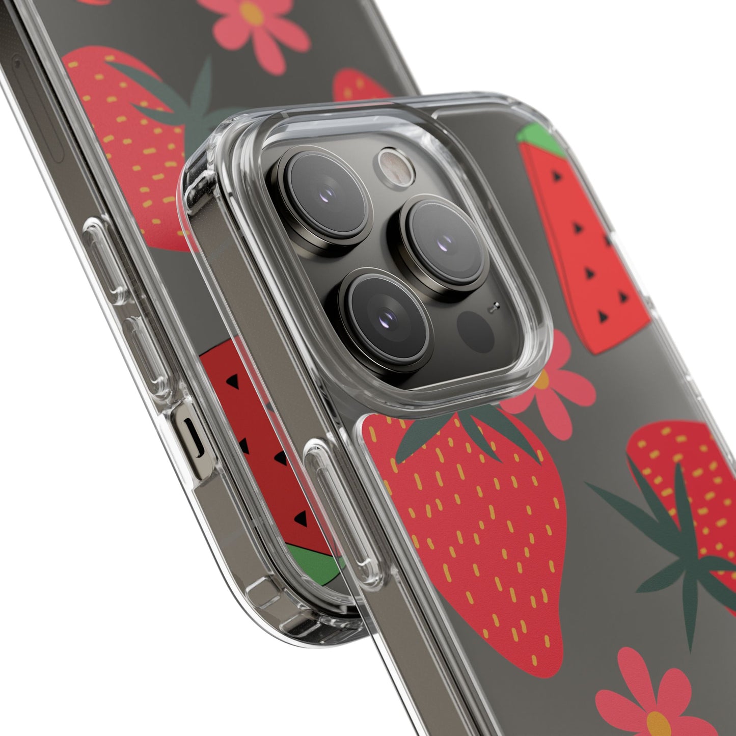 Fruity Clear Phone Case, Vibrant Strawberry and Flower Design, Cute Phone Cover, Trendy Accessories, Summer Vibe Gift