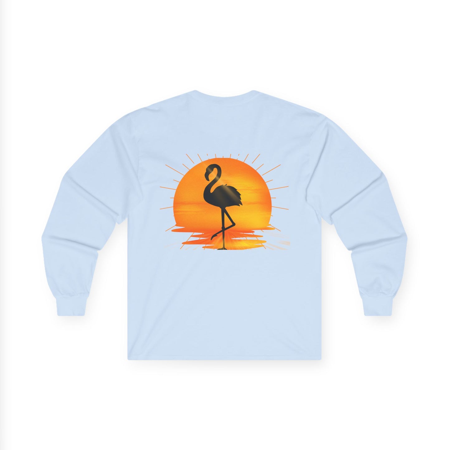 Sunrise Flamingo Long Sleeve Tee, Vacation Shirt, Casual Outfit, Summer Apparel, Gift for Beach Lovers, Graphic Tee, Relaxed Fit