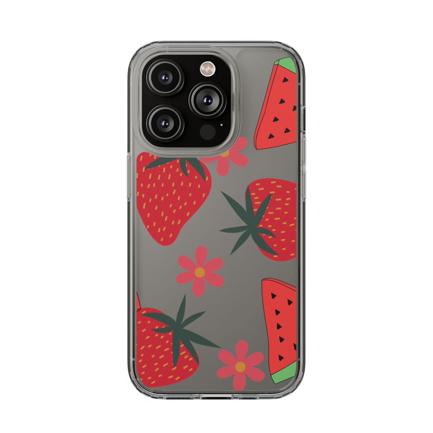 Fruity Clear Phone Case, Vibrant Strawberry and Flower Design, Cute Phone Cover, Trendy Accessories, Summer Vibe Gift
