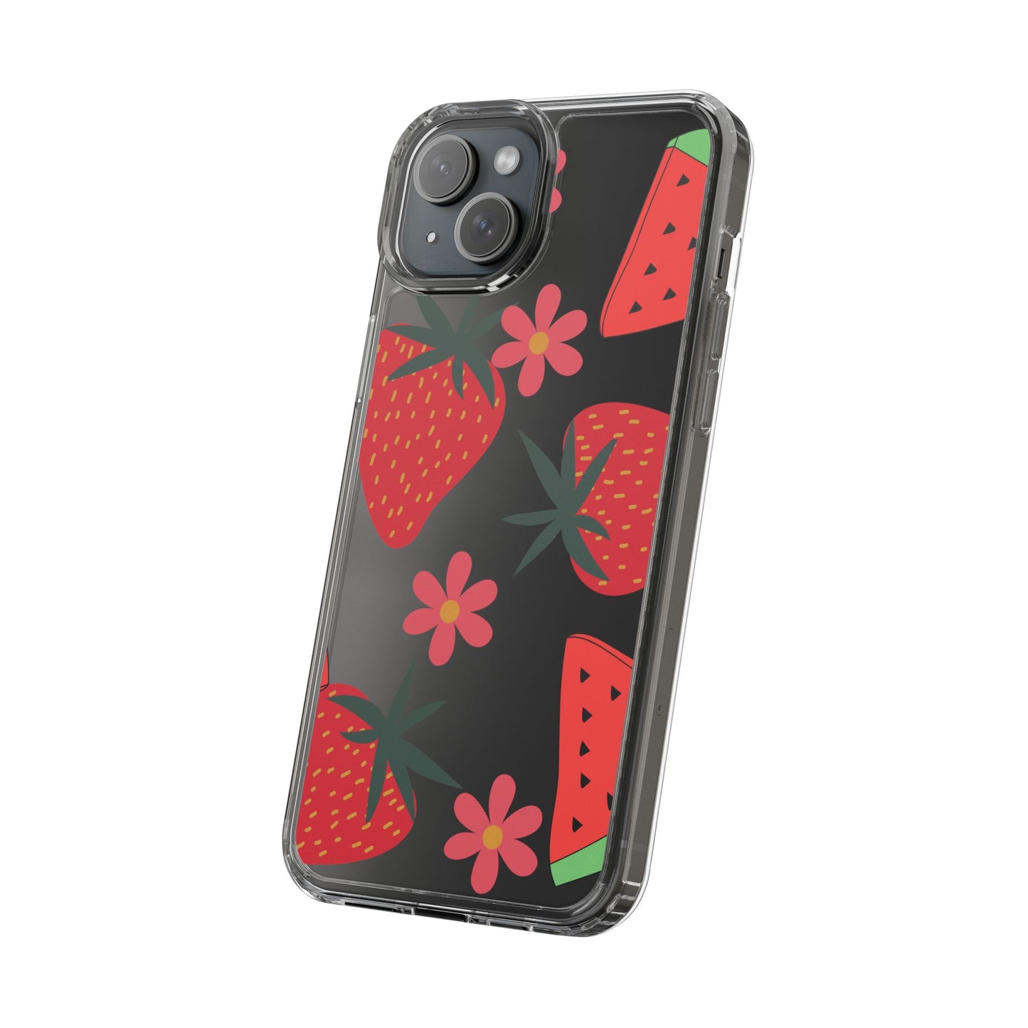 Fruity Clear Phone Case, Vibrant Strawberry and Flower Design, Cute Phone Cover, Trendy Accessories, Summer Vibe Gift