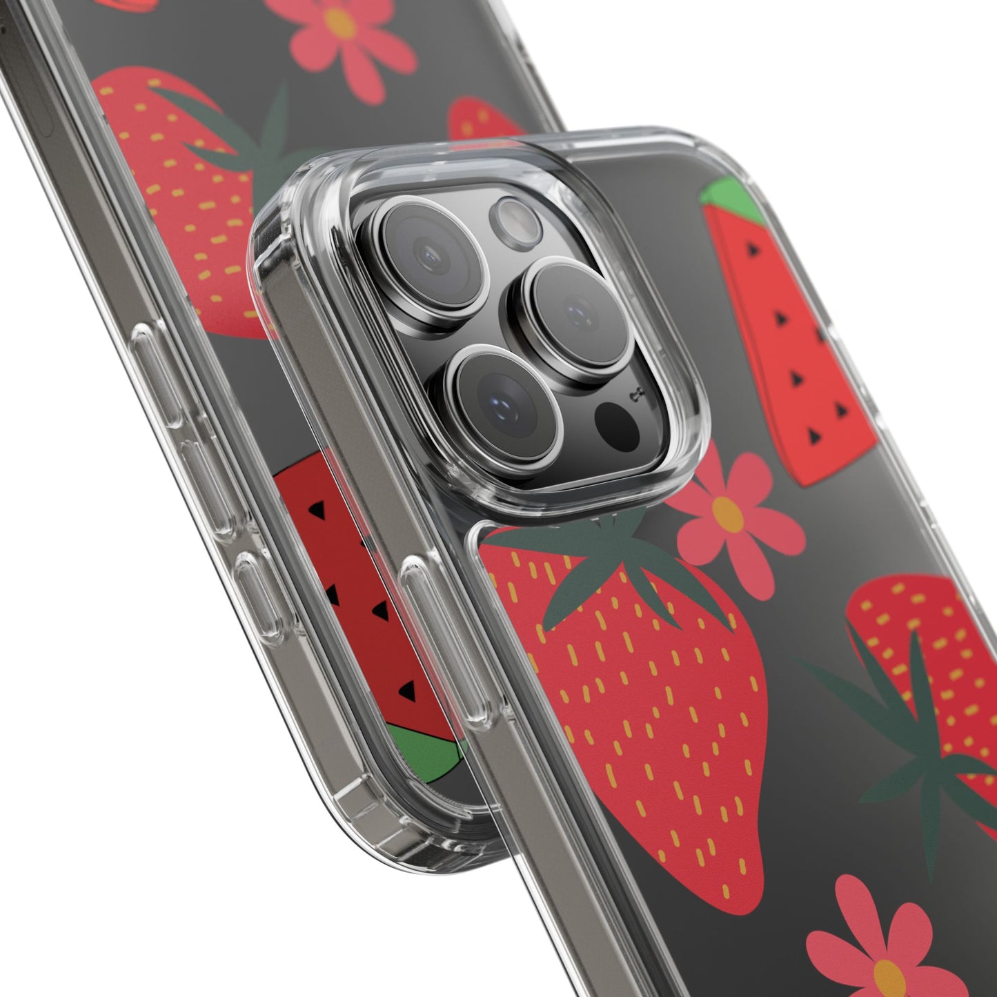 Fruity Clear Phone Case, Vibrant Strawberry and Flower Design, Cute Phone Cover, Trendy Accessories, Summer Vibe Gift