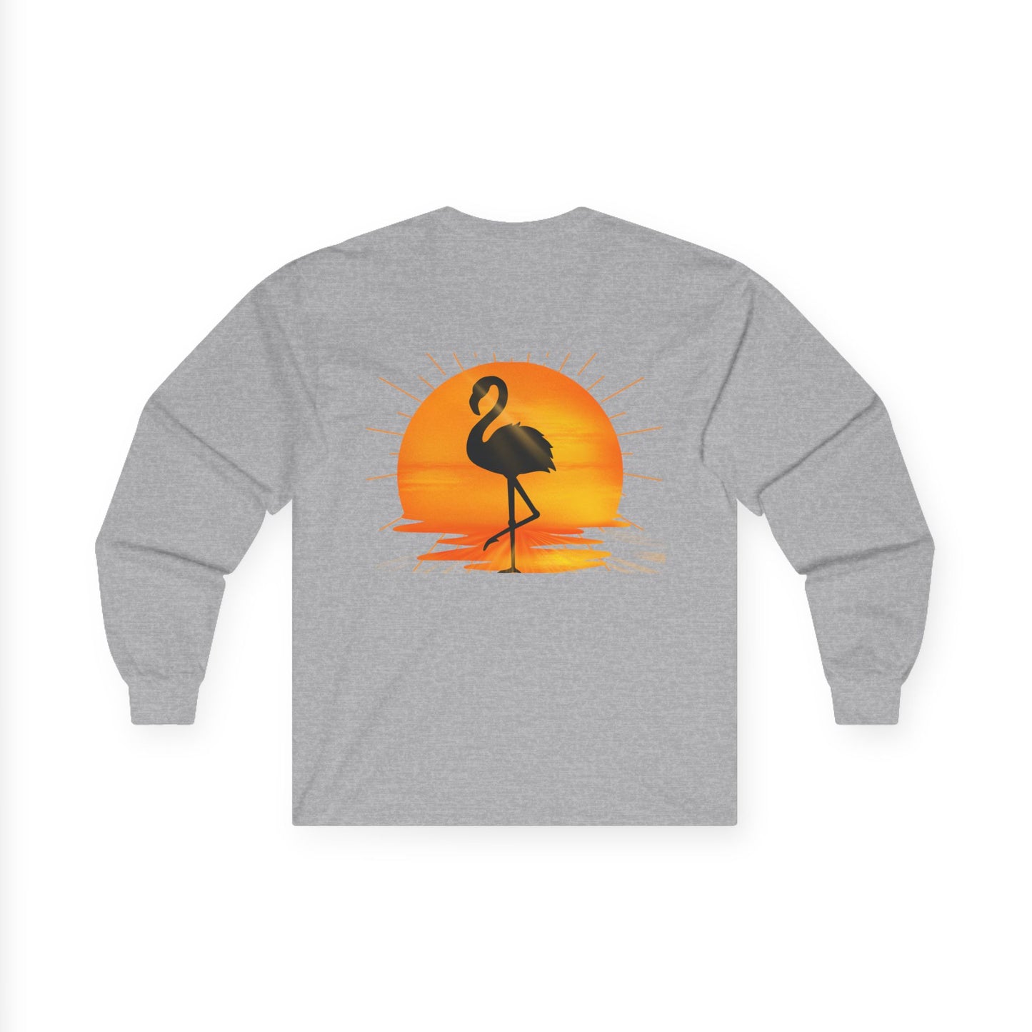 Sunrise Flamingo Long Sleeve Tee, Vacation Shirt, Casual Outfit, Summer Apparel, Gift for Beach Lovers, Graphic Tee, Relaxed Fit