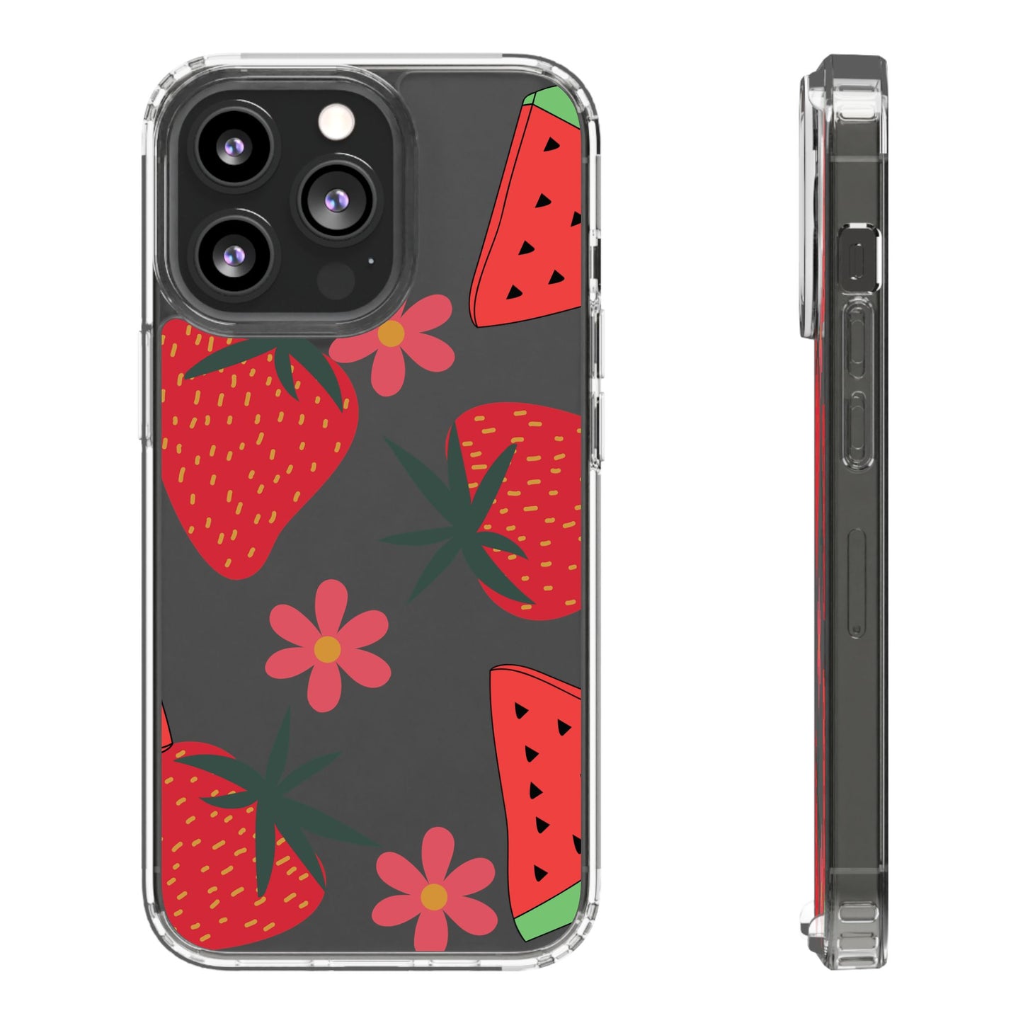 Fruity Clear Phone Case, Vibrant Strawberry and Flower Design, Cute Phone Cover, Trendy Accessories, Summer Vibe Gift
