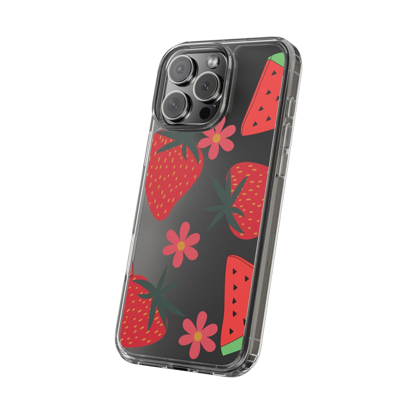 Fruity Clear Phone Case, Vibrant Strawberry and Flower Design, Cute Phone Cover, Trendy Accessories, Summer Vibe Gift