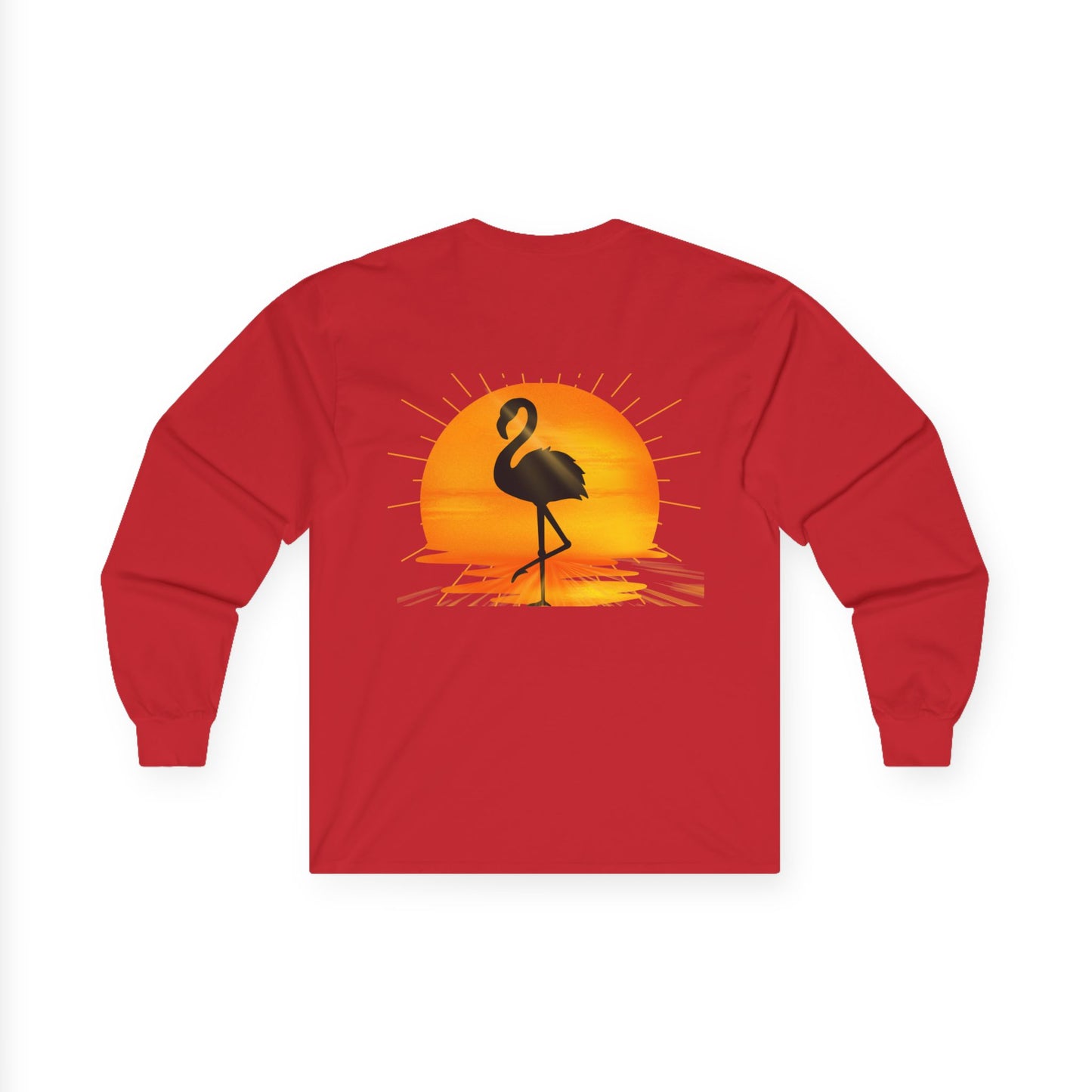 Sunrise Flamingo Long Sleeve Tee, Vacation Shirt, Casual Outfit, Summer Apparel, Gift for Beach Lovers, Graphic Tee, Relaxed Fit